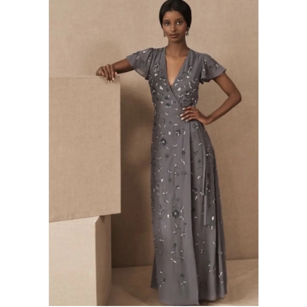BHLDN Plymouth Grey Beaded Maxi Wrap Dress - Picture 1 of 10